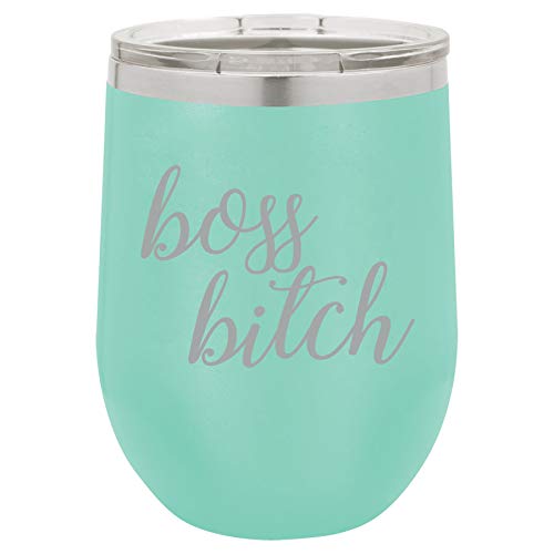 12 oz Double Wall Vacuum Insulated Stainless Steel Stemless Wine Tumbler Glass Coffee Travel Mug With Lid Boss Btch (Teal)