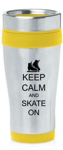 Yellow 16oz Insulated Stainless Steel Travel Mug Z1393 Keep Calm and Skate On Ice Skates