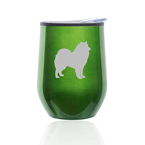Stemless Wine Tumbler Coffee Travel Mug Glass With Lid Samoyed (Green)