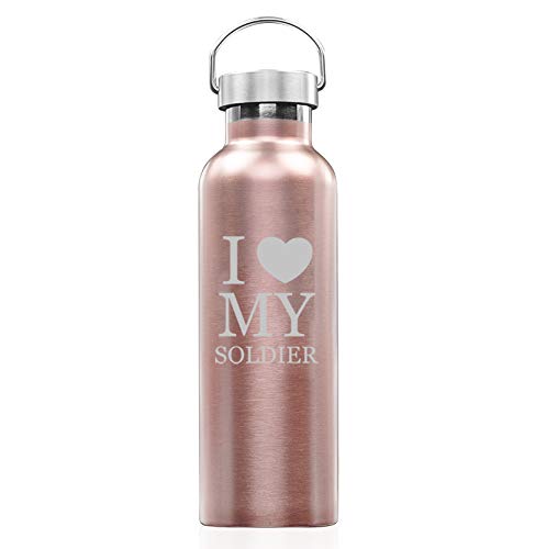 Rose Gold Double Wall Vacuum Insulated Stainless Steel Tumbler Travel Mug I Love My Soldier (25 oz Water Bottle)