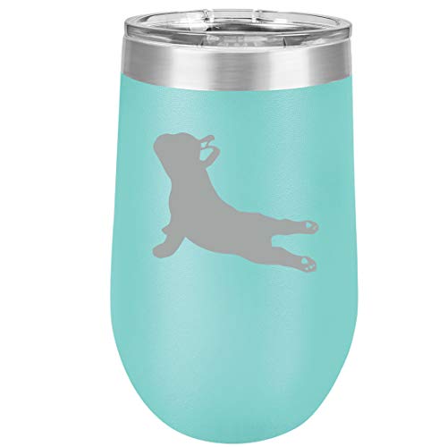 16 oz Double Wall Vacuum Insulated Stainless Steel Stemless Wine Tumbler Glass Coffee Travel Mug With Lid French Bulldog Yoga (Teal)