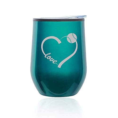 Stemless Wine Tumbler Coffee Travel Mug Glass With Lid Love Heart Baseball Softball (Turquoise Teal)