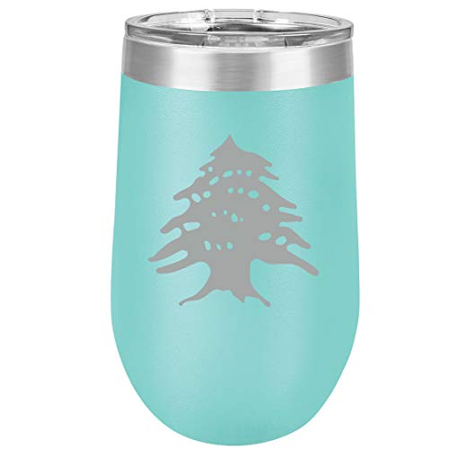 16 oz Double Wall Vacuum Insulated Stainless Steel Stemless Wine Tumbler Glass Coffee Travel Mug With Lid Cedar Tree Lebanon Lebanese (Teal)