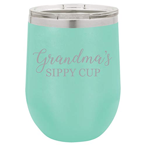 12 oz Double Wall Vacuum Insulated Stainless Steel Stemless Wine Tumbler Glass Coffee Travel Mug With Lid Grandma's Sippy Cup Grandmother Funny (Teal)