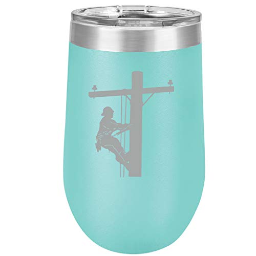 16 oz Double Wall Vacuum Insulated Stainless Steel Stemless Wine Tumbler Glass Coffee Travel Mug With Lid Lineman Electric Pole Climber (Teal)