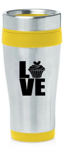 Yellow 16oz Insulated Stainless Steel Travel Mug Z1457 Love Cupcake