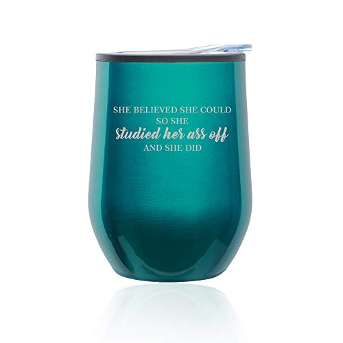 Stemless Wine Tumbler Coffee Travel Mug Glass With Lid She Believed She Could So She Studied And She Did Graduation Student (Turquoise Teal)