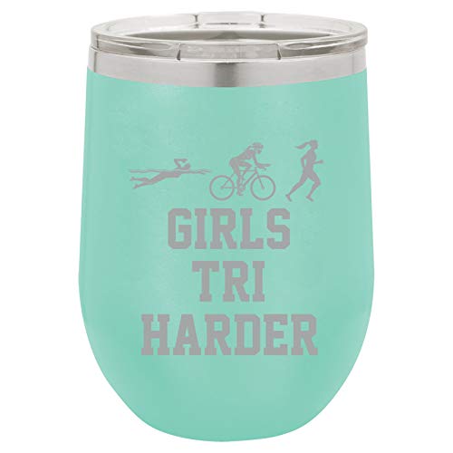 12 oz Double Wall Vacuum Insulated Stainless Steel Stemless Wine Tumbler Glass Coffee Travel Mug With Lid Triathlon Girls Tri Harder Swim Bike Run (Teal)