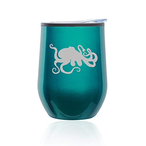 Stemless Wine Tumbler Coffee Travel Mug Glass With Lid Octopus And Tentacles (Turquoise Teal)