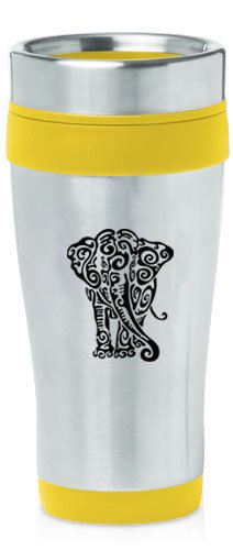 Yellow 16oz Insulated Stainless Steel Travel Mug Z1601 Tribal Elephant