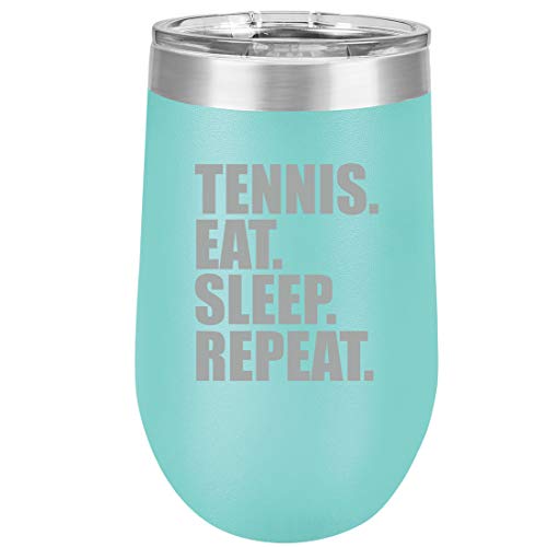 16 oz Double Wall Vacuum Insulated Stainless Steel Stemless Wine Tumbler Glass Coffee Travel Mug With Lid Tennis Eat Sleep Repeat (Teal)