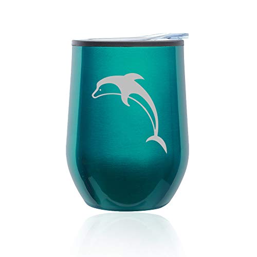 Stemless Wine Tumbler Coffee Travel Mug Glass With Lid Dolphin (Turquoise Teal)