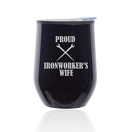 Stemless Wine Tumbler Coffee Travel Mug Glass With Lid Proud Ironworker's Wife (Midnight Black)