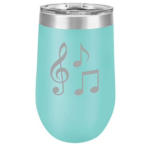 16 oz Double Wall Vacuum Insulated Stainless Steel Stemless Wine Tumbler Glass Coffee Travel Mug With Lid Music Notes (Teal)