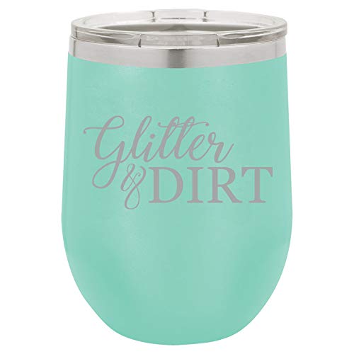 12 oz Double Wall Vacuum Insulated Stainless Steel Stemless Wine Tumbler Glass Coffee Travel Mug With Lid Glitter & Dirt Mom Mother Of Both Boy Girl (Teal)