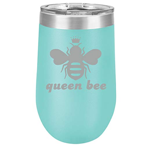 16 oz Double Wall Vacuum Insulated Stainless Steel Stemless Wine Tumbler Glass Coffee Travel Mug With Lid Queen Bee (Teal)