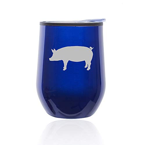 Stemless Wine Tumbler Coffee Travel Mug Glass With Lid Pig (Blue)
