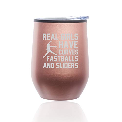 Stemless Wine Tumbler Coffee Travel Mug Glass With Lid Real Girls Curves Softball (Rose Gold)