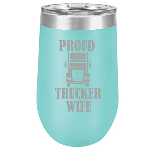 16 oz Double Wall Vacuum Insulated Stainless Steel Stemless Wine Tumbler Glass Coffee Travel Mug With Lid Proud Trucker Wife (Teal)