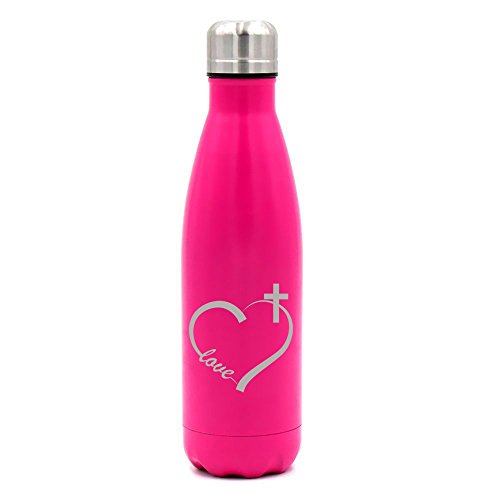 17 oz. Double Wall Vacuum Insulated Stainless Steel Water Bottle Travel Mug Cup Love Heart Cross Christian (Pink)