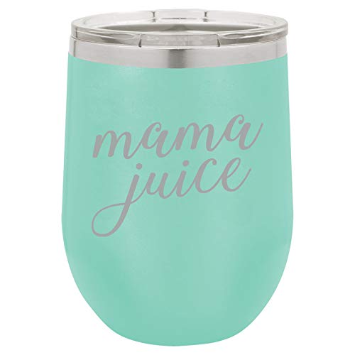 12 oz Double Wall Vacuum Insulated Stainless Steel Stemless Wine Tumbler Glass Coffee Travel Mug With Lid Mama Juice Mom Funny (Teal)