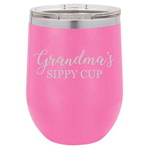 12 oz Double Wall Vacuum Insulated Stainless Steel Stemless Wine Tumbler Glass Coffee Travel Mug With Lid Grandma's Sippy Cup Grandmother Funny (Hot Pink)