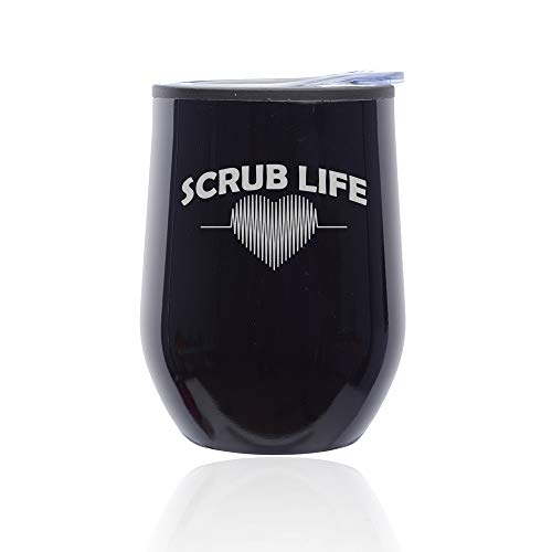 Stemless Wine Tumbler Coffee Travel Mug Glass With Lid Scrub Life Nurse (Midnight Black)