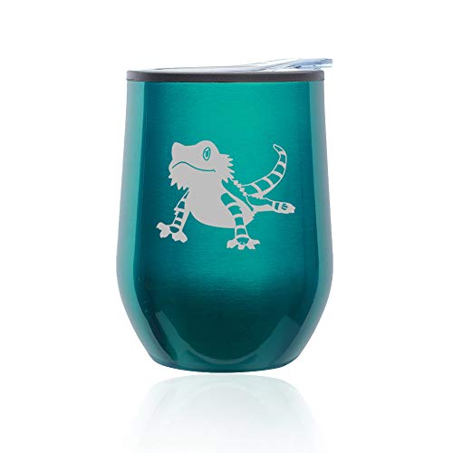 Stemless Wine Tumbler Coffee Travel Mug Glass With Lid Bearded Dragon Lizard (Turquoise Teal)