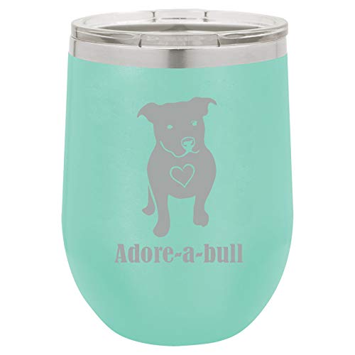 12 oz Double Wall Vacuum Insulated Stainless Steel Stemless Wine Tumbler Glass Coffee Travel Mug With Lid Adore-A-Bull Pit Bull (Teal)