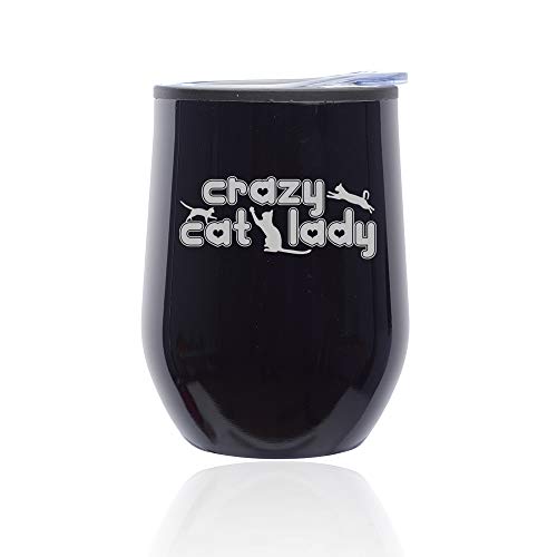 Stemless Wine Tumbler Coffee Travel Mug Glass With Lid Crazy Cat Lady (Midnight Black)