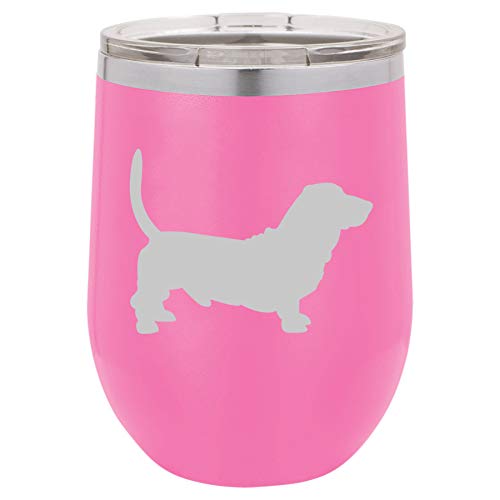 12 oz Double Wall Vacuum Insulated Stainless Steel Stemless Wine Tumbler Glass Coffee Travel Mug With Lid Basset Hound (Hot-Pink)