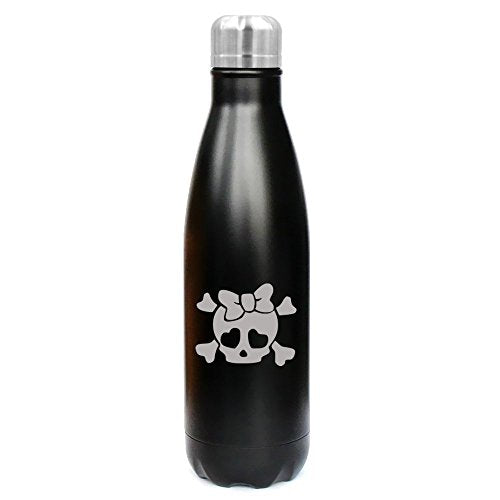 17 oz. Double Wall Vacuum Insulated Stainless Steel Water Bottle Travel Mug Cup Heart Skull Bow (Black)