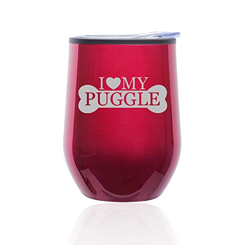 Stemless Wine Tumbler Coffee Travel Mug Glass With Lid I Love My Puggle (Fuchsia)