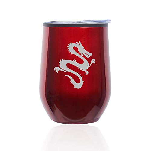 Stemless Wine Tumbler Coffee Travel Mug Glass With Lid Dragon (Red)