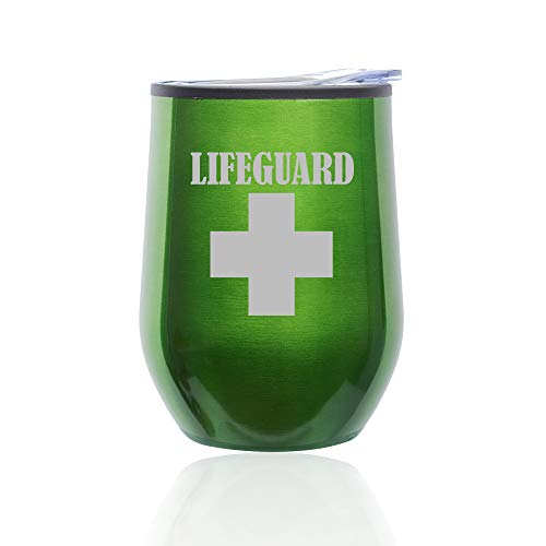 Stemless Wine Tumbler Coffee Travel Mug Glass With Lid Lifeguard (Green)