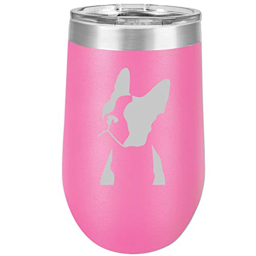16 oz Double Wall Vacuum Insulated Stainless Steel Stemless Wine Tumbler Glass Coffee Travel Mug With Lid Boston Terrier Face (Hot Pink)
