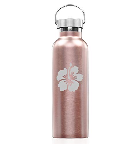 Rose Gold Double Wall Vacuum Insulated Stainless Steel Tumbler Travel Mug Hibiscus Flower (25 oz Water Bottle)