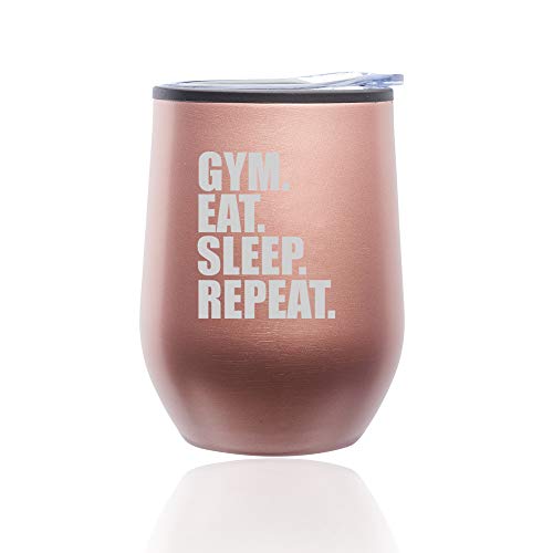 Stemless Wine Tumbler Coffee Travel Mug Glass With Lid Gym Eat Sleep Repeat (Rose Gold)