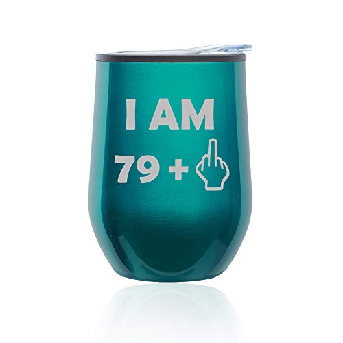 Stemless Wine Tumbler Coffee Travel Mug Glass With Lid 80th Birthday I Am 79 Plus Funny (Turquoise Teal)