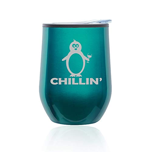 Stemless Wine Tumbler Coffee Travel Mug Glass With Lid Chillin' Penguin Funny (Turquoise Teal)