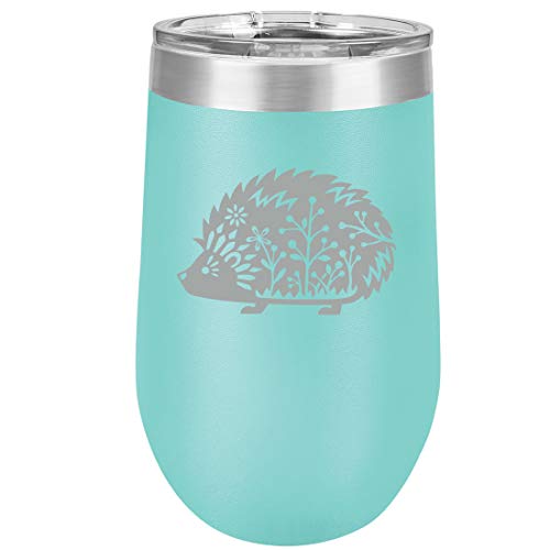 16 oz Double Wall Vacuum Insulated Stainless Steel Stemless Wine Tumbler Glass Coffee Travel Mug With Lid Fancy Hedgehog (Teal)