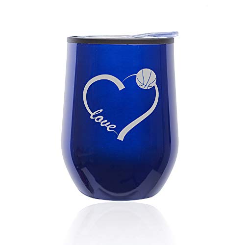 Stemless Wine Tumbler Coffee Travel Mug Glass With Lid Love Heart Basketball (Blue)