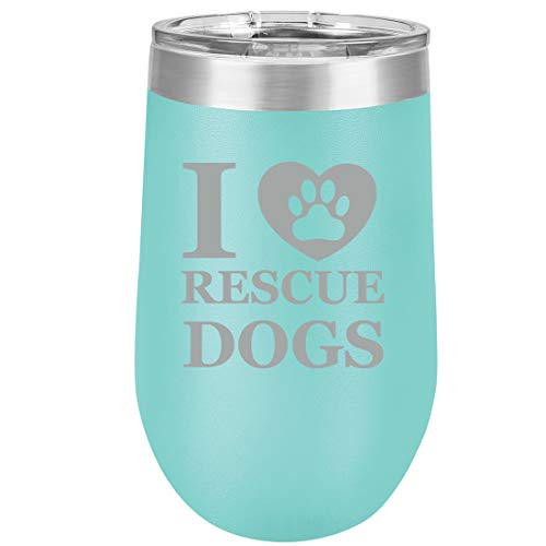 16 oz Double Wall Vacuum Insulated Stainless Steel Stemless Wine Tumbler Glass Coffee Travel Mug With Lid I Heart Love Rescue Dogs (Teal)