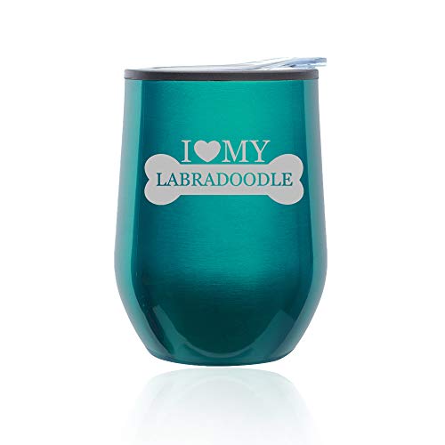 Stemless Wine Tumbler Coffee Travel Mug Glass With Lid I Love My Labradoodle (Turquoise Teal)