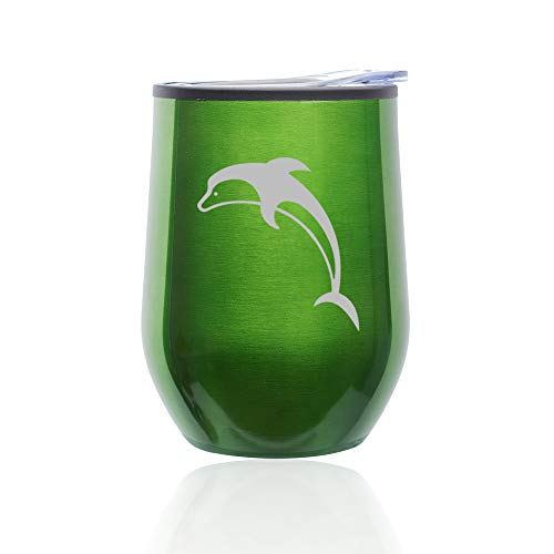 Stemless Wine Tumbler Coffee Travel Mug Glass With Lid Dolphin (Green)