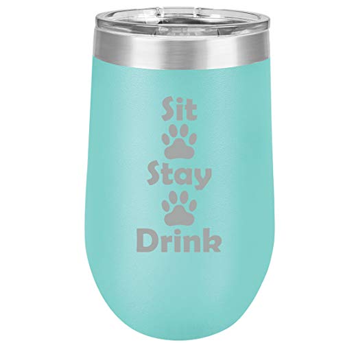 16 oz Double Wall Vacuum Insulated Stainless Steel Stemless Wine Tumbler Glass Coffee Travel Mug With Lid Sit Stay Drink Funny Paw Prints Dog Cat Animal Lover (Teal)