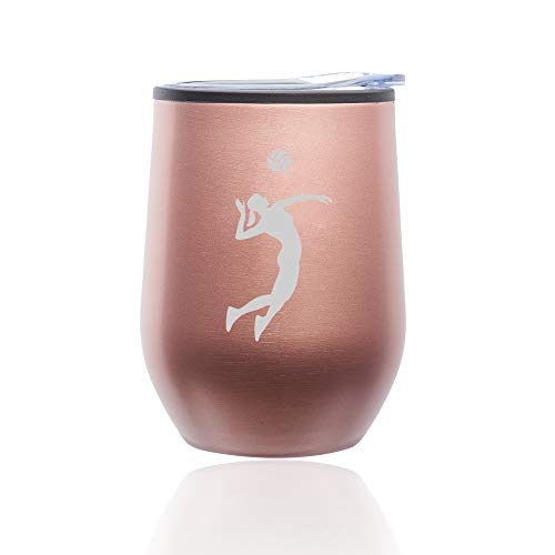 Stemless Wine Tumbler Coffee Travel Mug Glass With Lid Female Volleyball Player (Rose Gold)