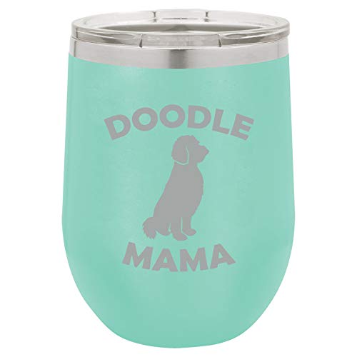 12 oz Double Wall Vacuum Insulated Stainless Steel Stemless Wine Tumbler Glass Coffee Travel Mug With Lid Doodle Mama (Teal)