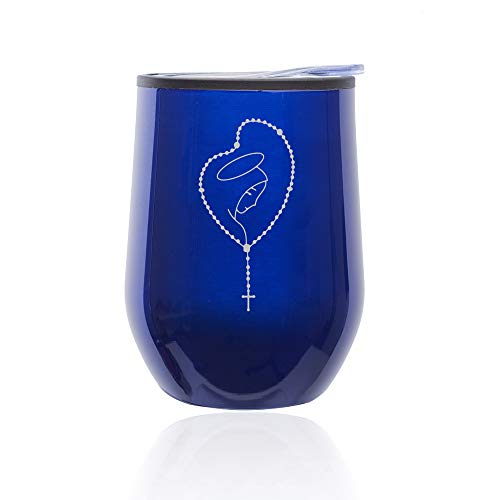 Stemless Wine Tumbler Coffee Travel Mug Glass With Lid Rosary Mary (Blue)