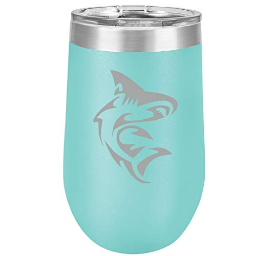 16 oz Double Wall Vacuum Insulated Stainless Steel Stemless Wine Tumbler Glass Coffee Travel Mug With Lid Shark (Teal)